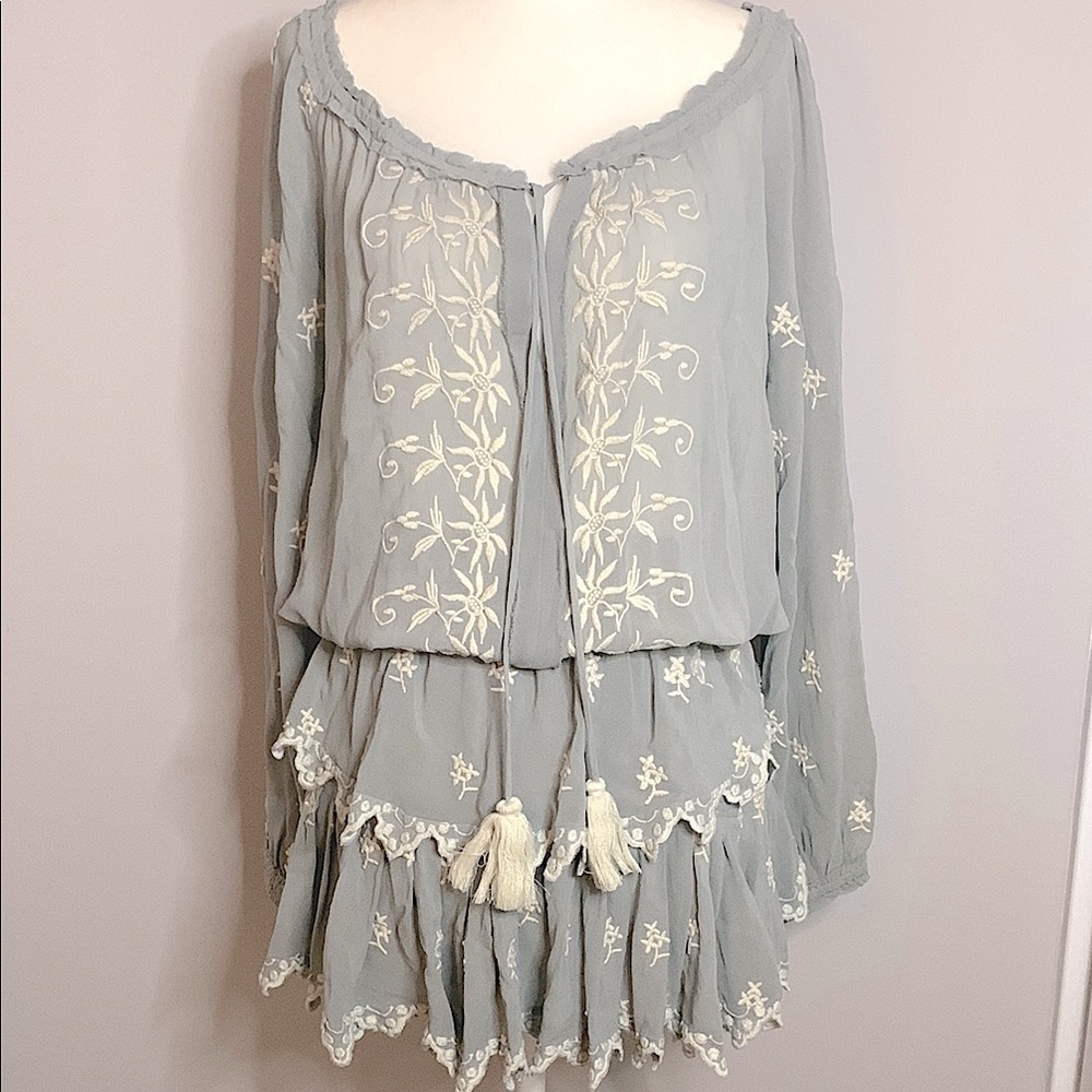 LoveShackFancy popover silk mini dress gray white small - Picture 5 of 9